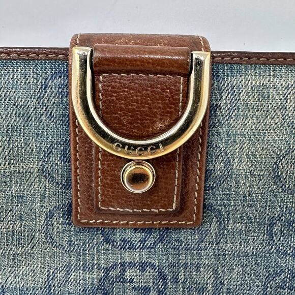 Vintage Gucci Denim GG Monogram D-Ring Wallet Blue Brown Leather Trim - Picture 2 of 10